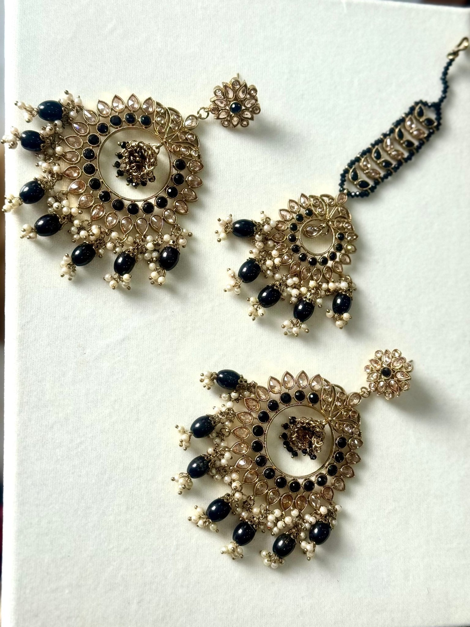 Indian Black Pearl Kundan Aalia Earrings Maang Tikka - DWEEP SARA