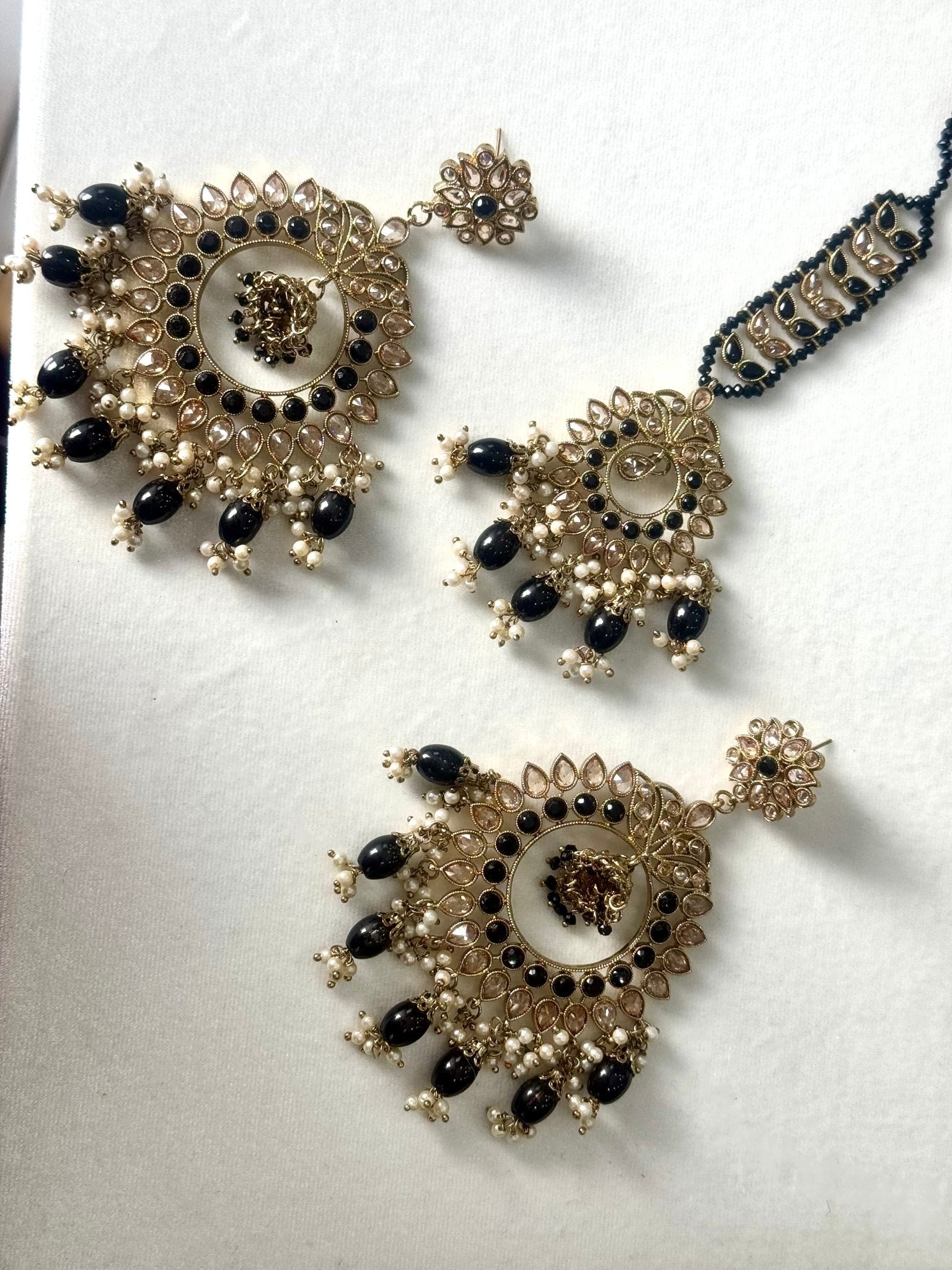 Indian Black Pearl Kundan Aalia Earrings Maang Tikka - DWEEP SARA