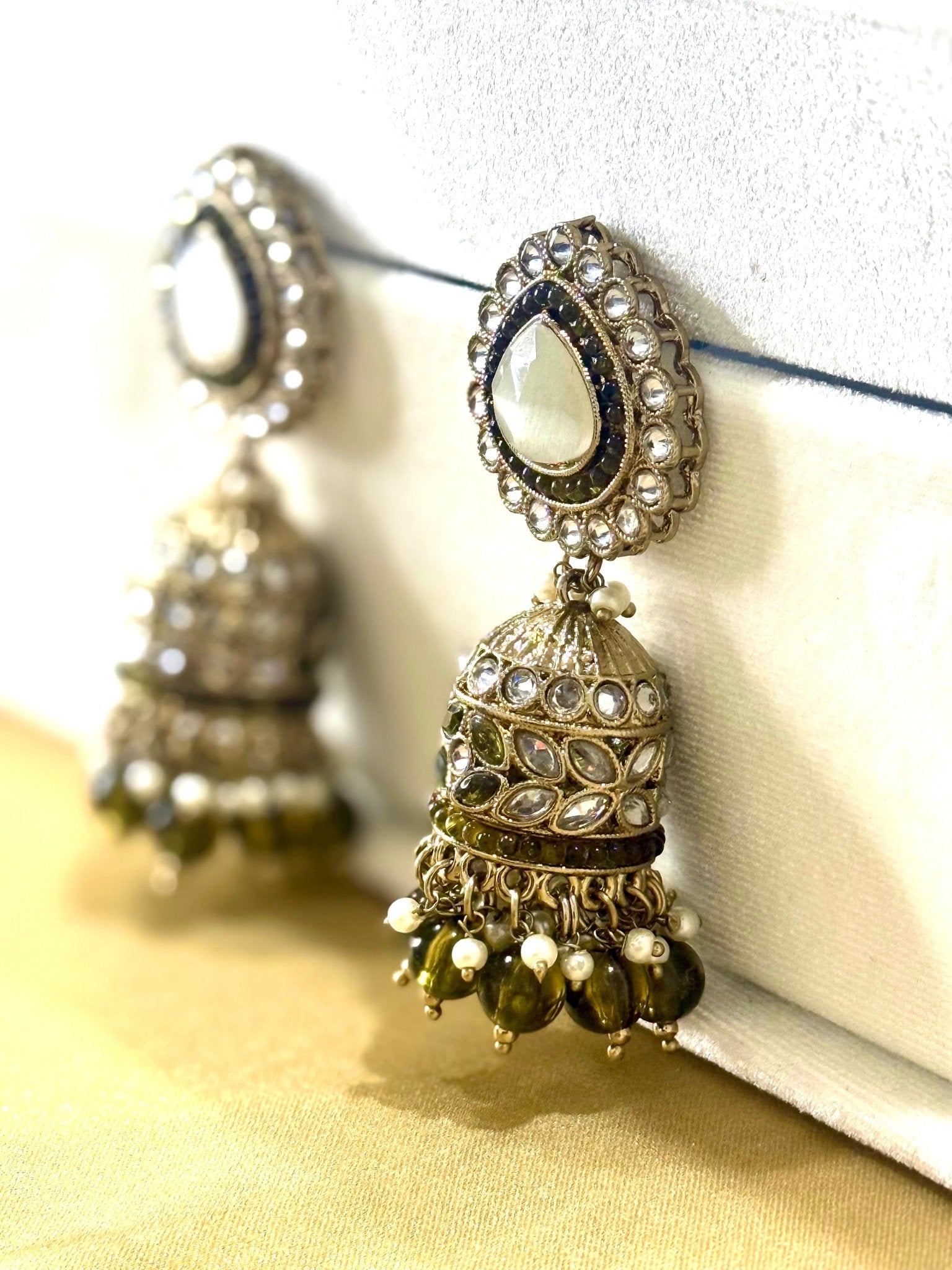 Light Green Mehndi Color Kundan Jhumki Earrings - DWEEP SARA
