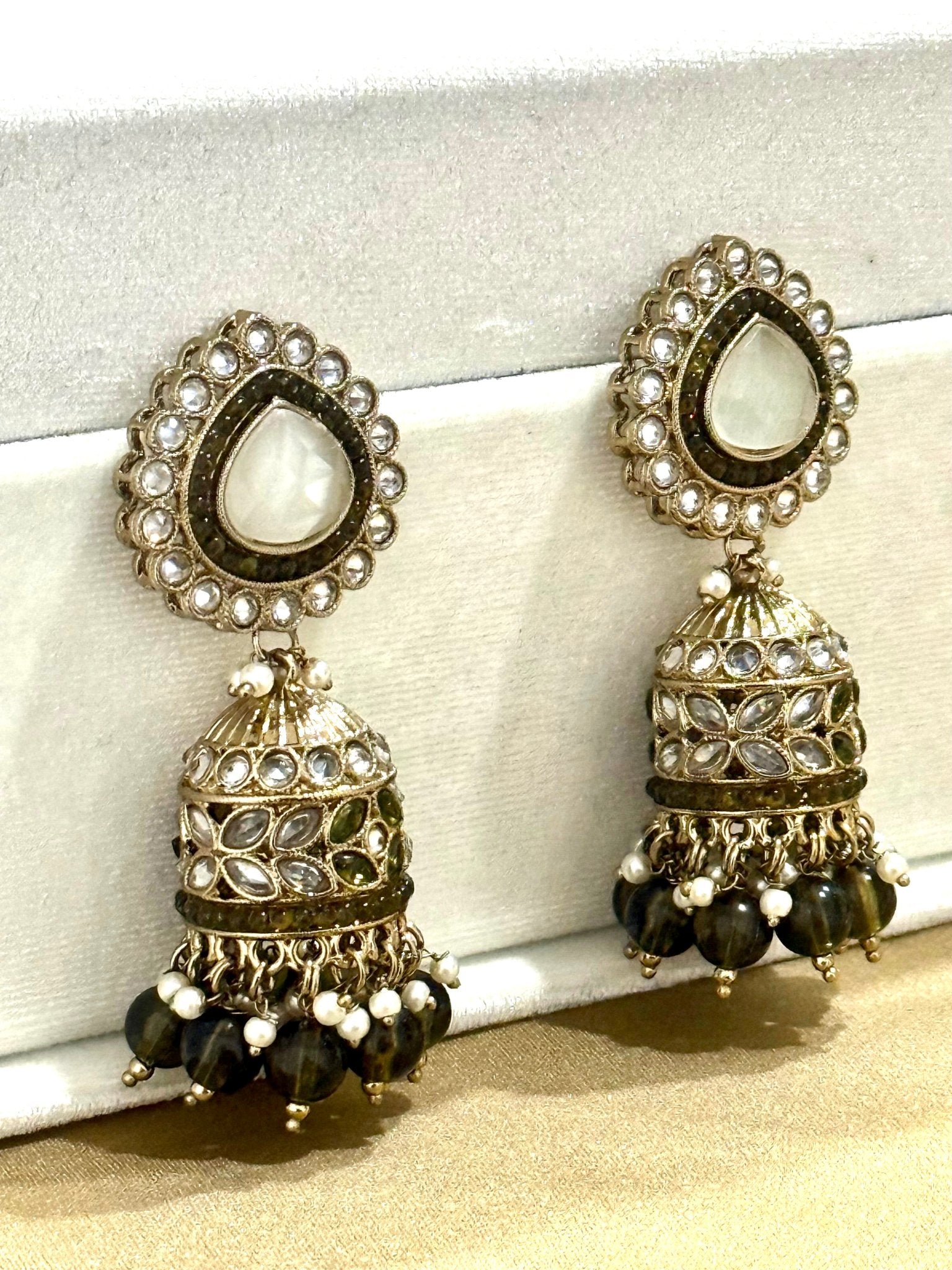 Light Green Mehndi Color Kundan Jhumki Earrings - DWEEP SARA
