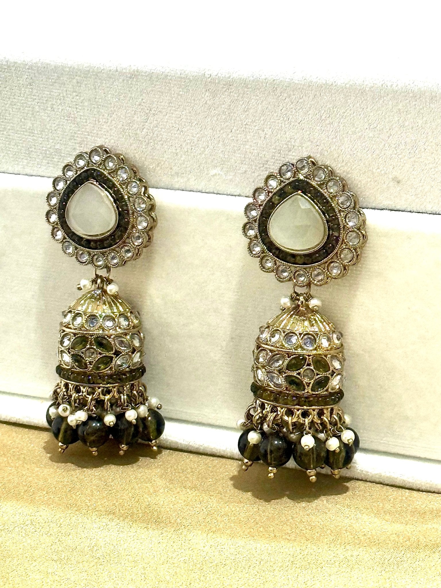 Light Green Mehndi Color Kundan Jhumki Earrings - DWEEP SARA