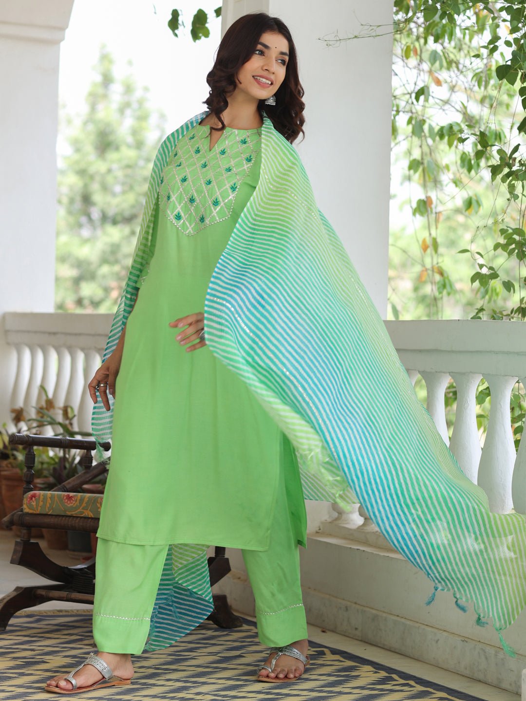 Lime Embroidered Rayon Suit Set - DWEEP SARA