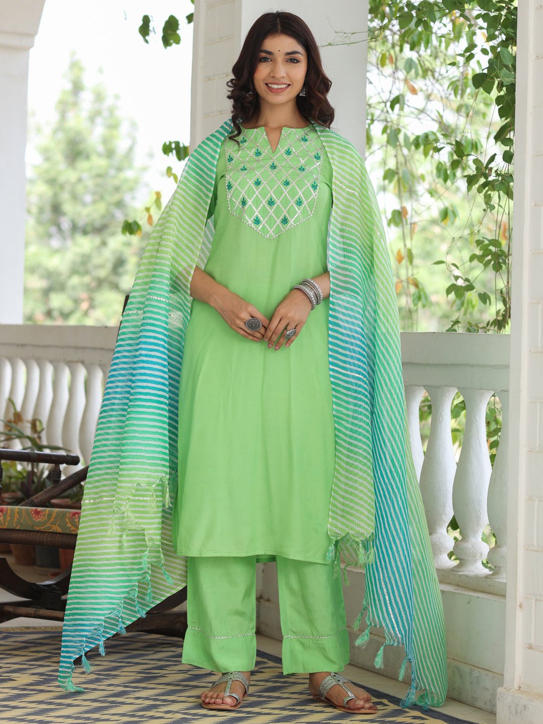 Lime Embroidered Rayon Suit Set - DWEEP SARA