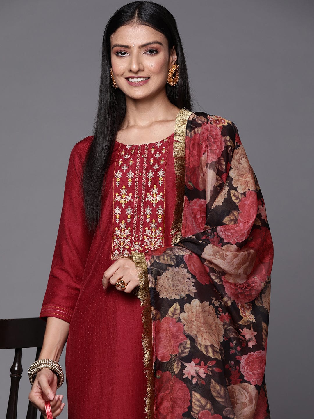 Maroon Embroidered Silk Blend Suit With Floral Dupatta - DWEEP SARA