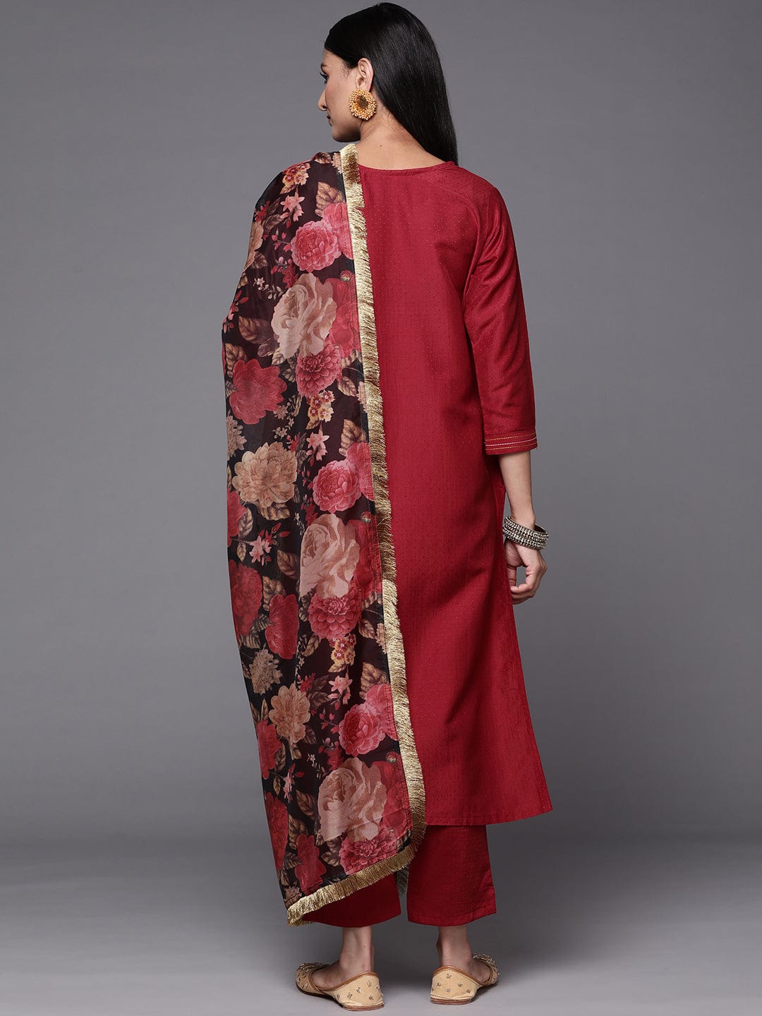 Maroon Embroidered Silk Blend Suit With Floral Dupatta - DWEEP SARA