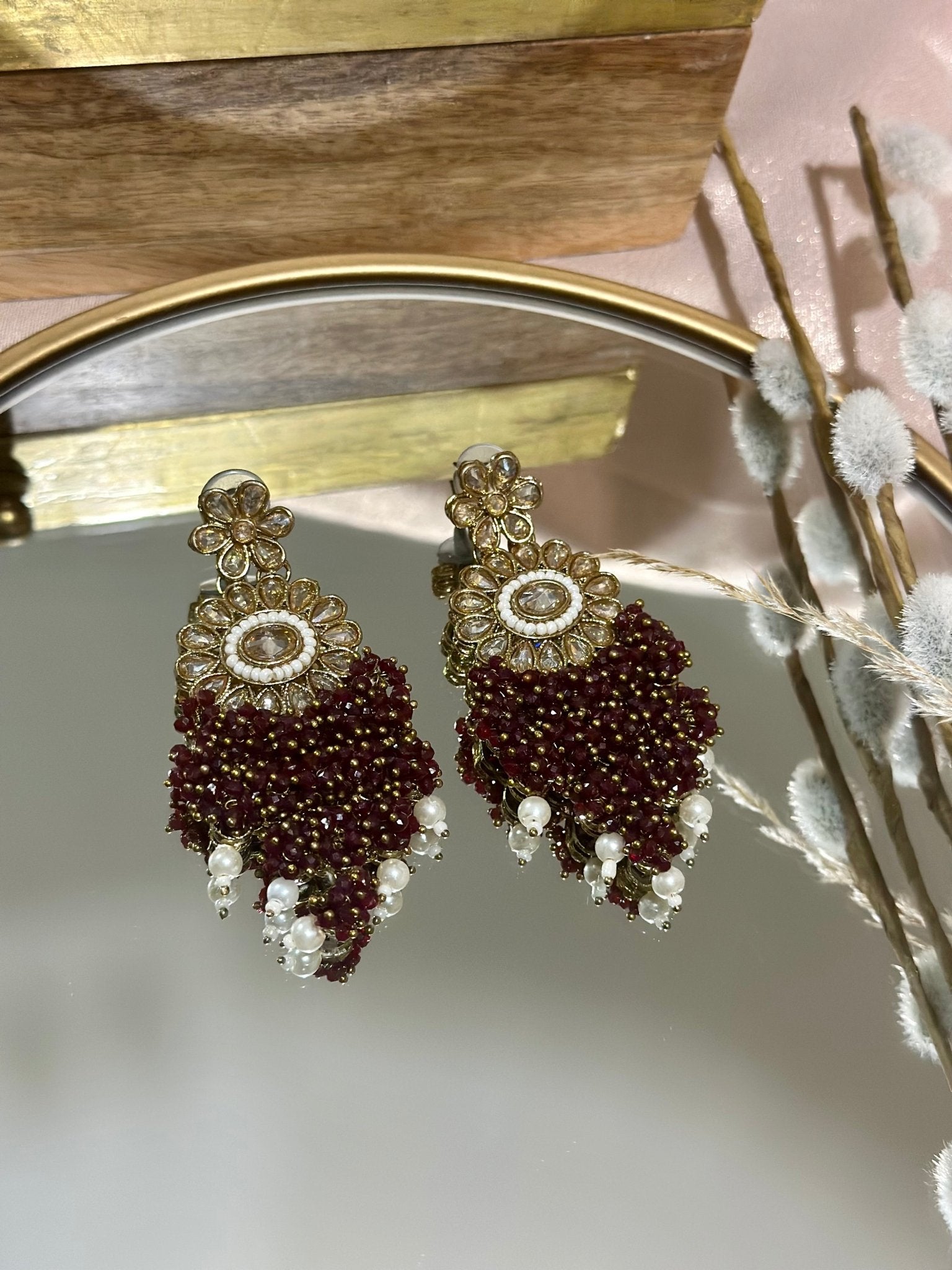 Maroon Handcrafted Pearl Stone Kundan Earrings - DWEEP SARA