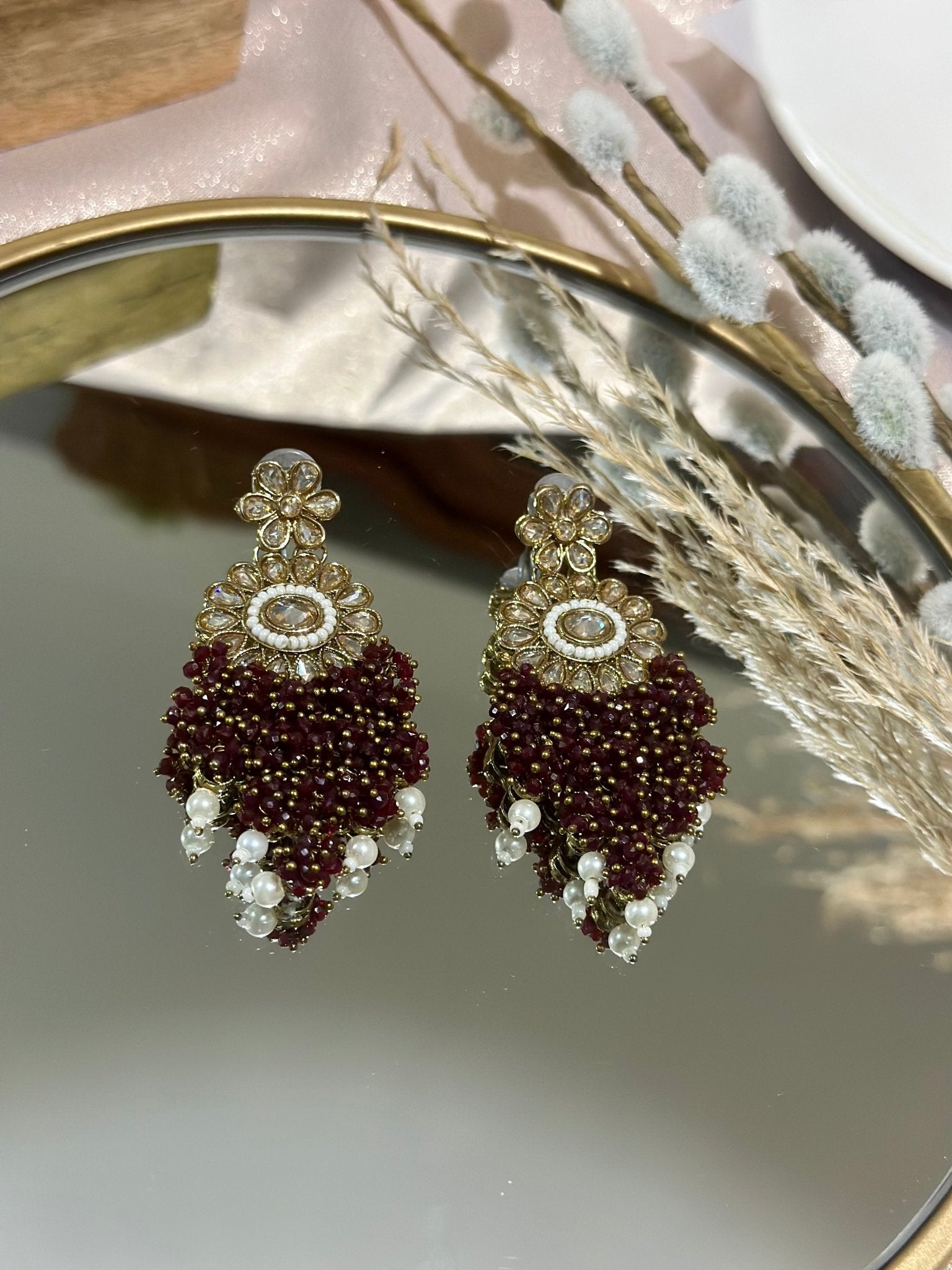 Maroon Handcrafted Pearl Stone Kundan Earrings - DWEEP SARA