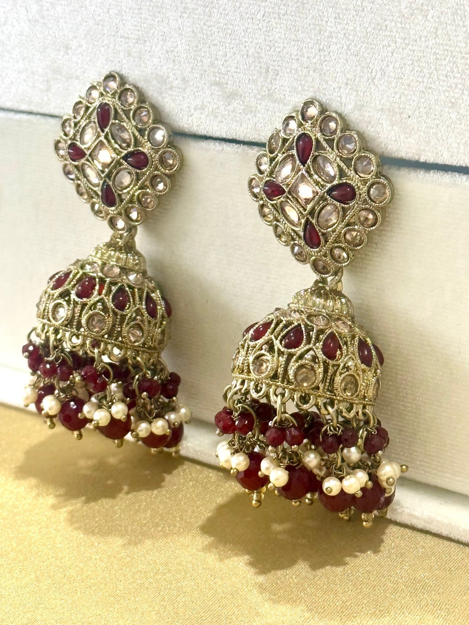 Maroon Kundan Jhumki Earrings - DWEEP SARA