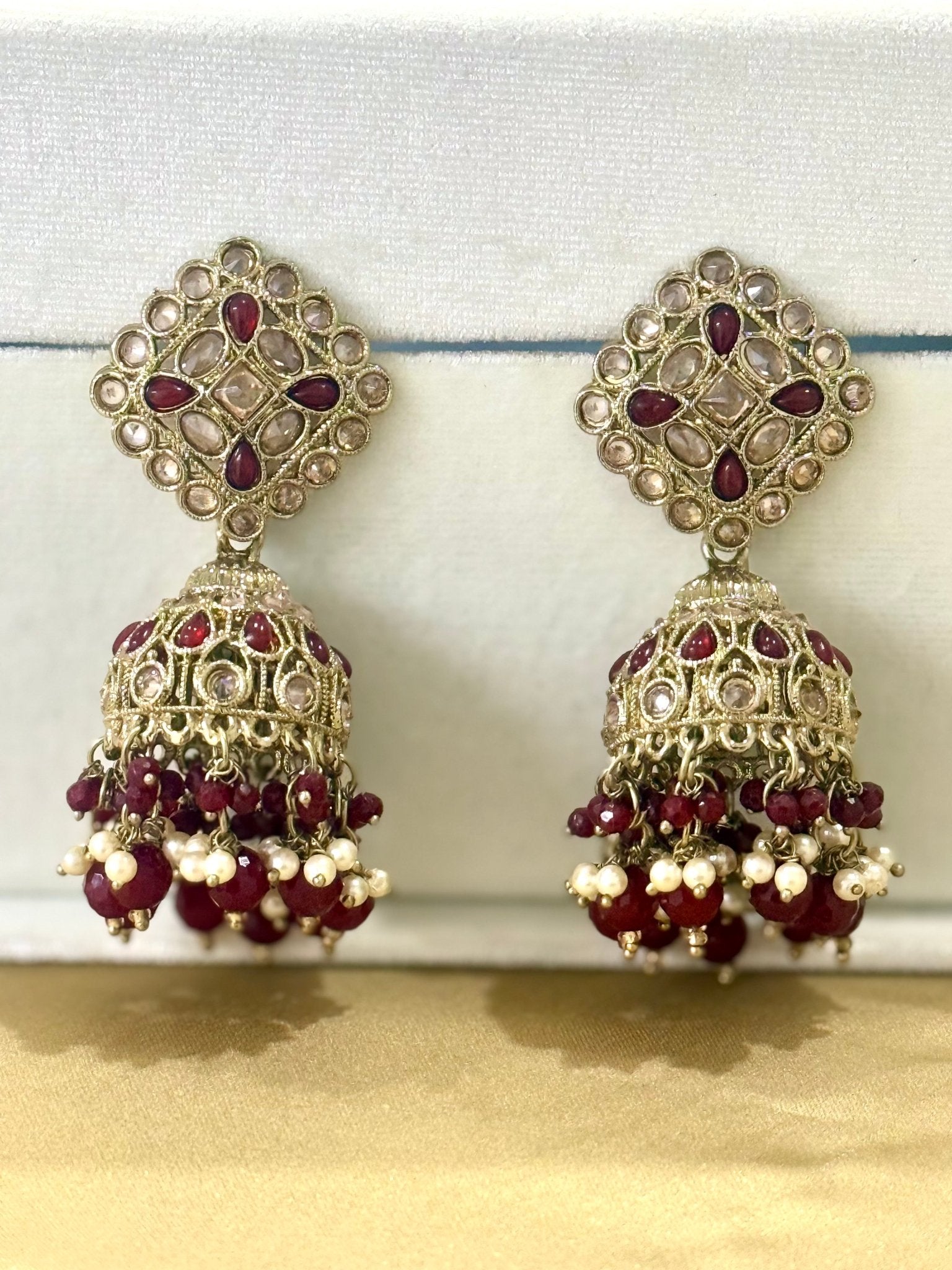 Maroon Kundan Jhumki Earrings - DWEEP SARA