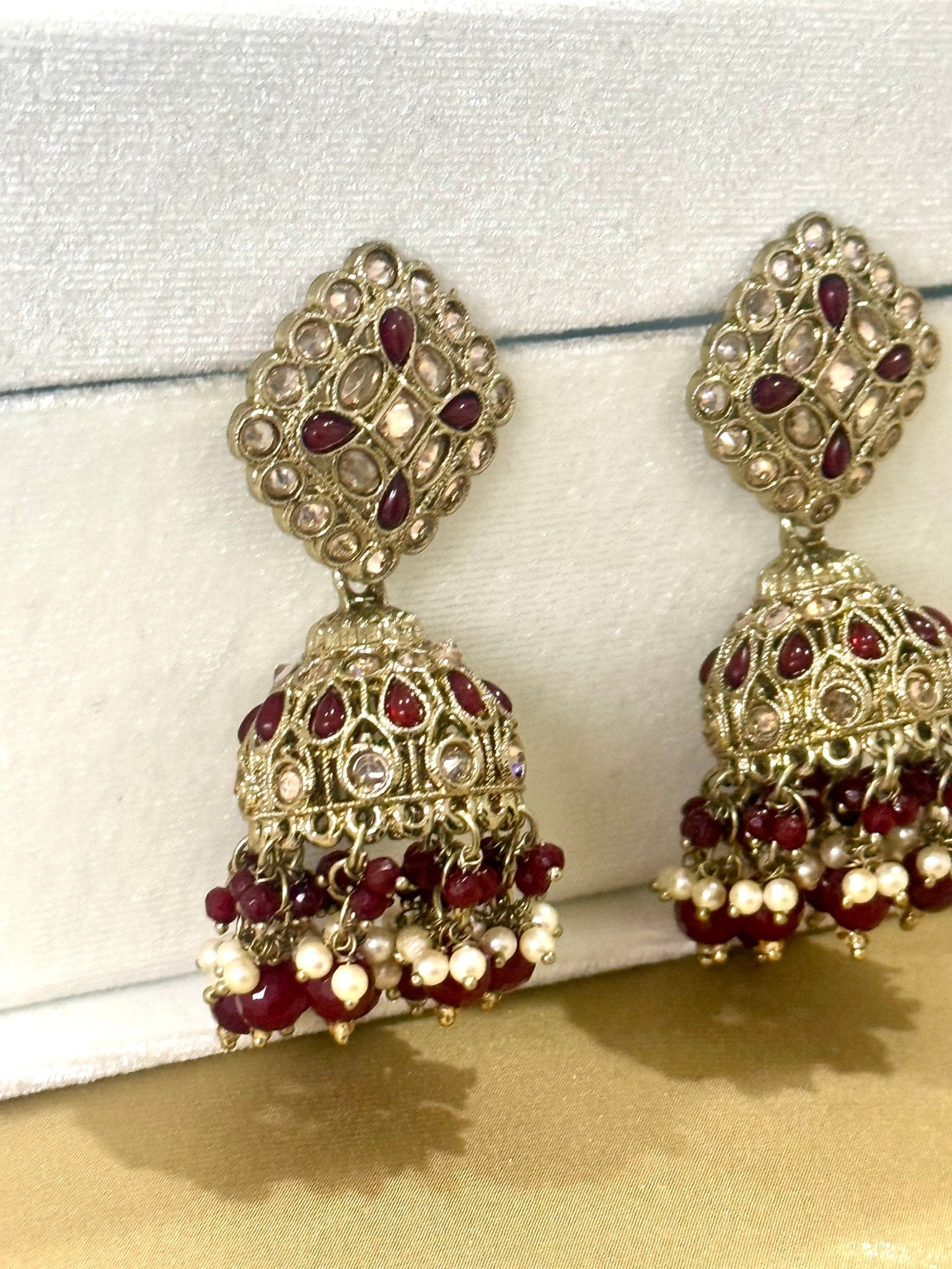 Maroon Kundan Jhumki Earrings - DWEEP SARA