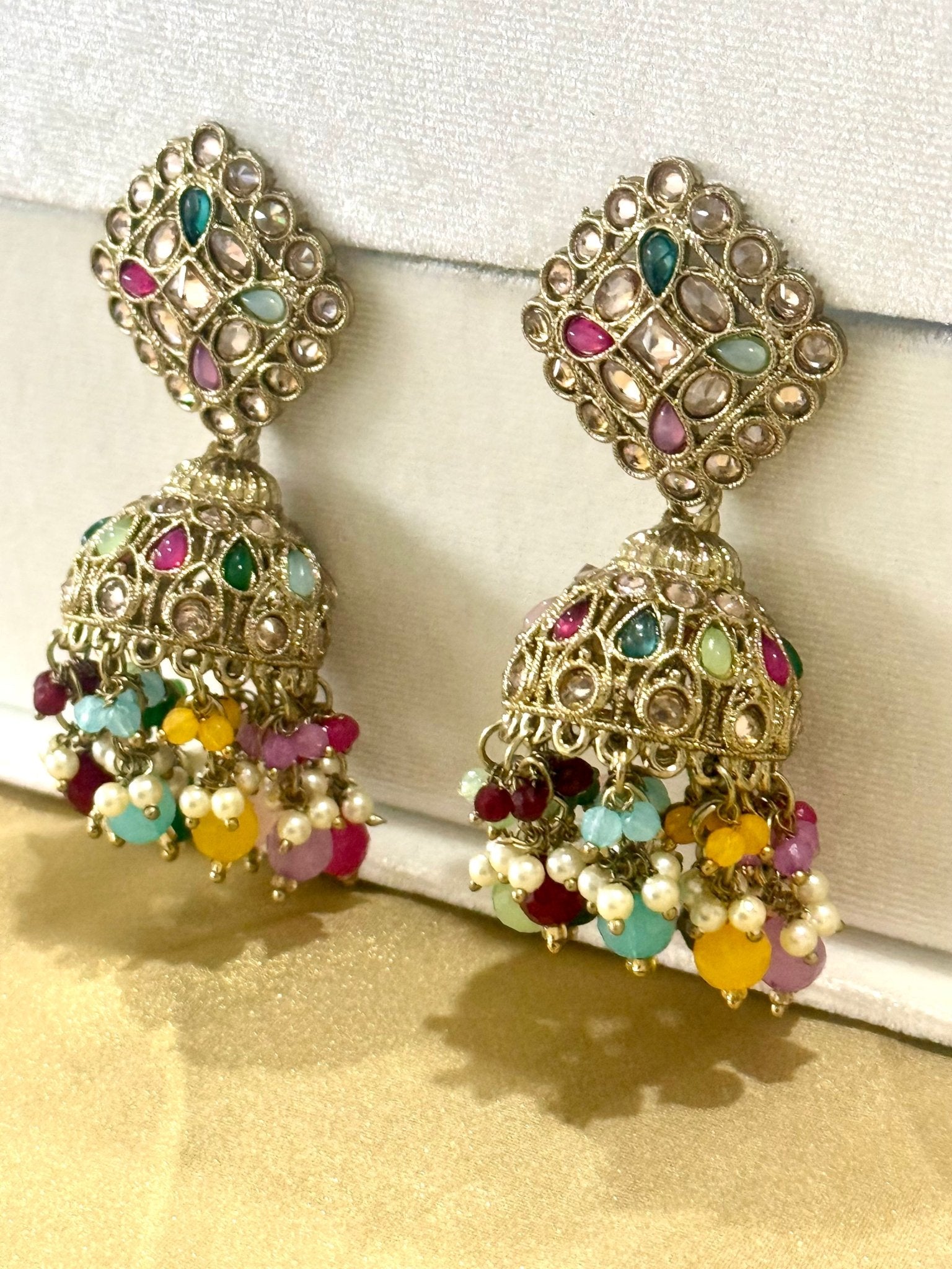 Multicolor Diamond Shape Kundan Pearl Earrings - DWEEP SARA