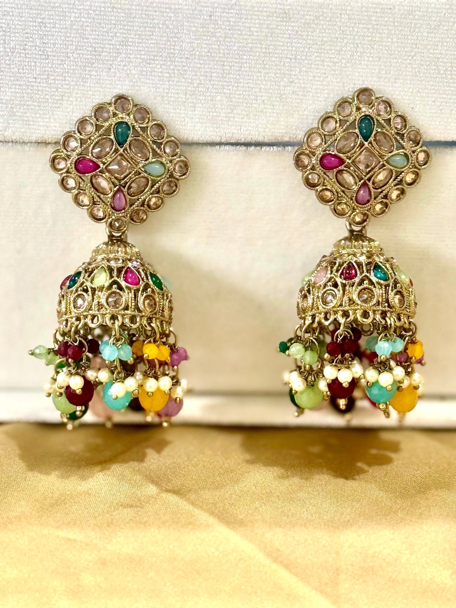 Multicolor Diamond Shape Kundan Pearl Earrings - DWEEP SARA