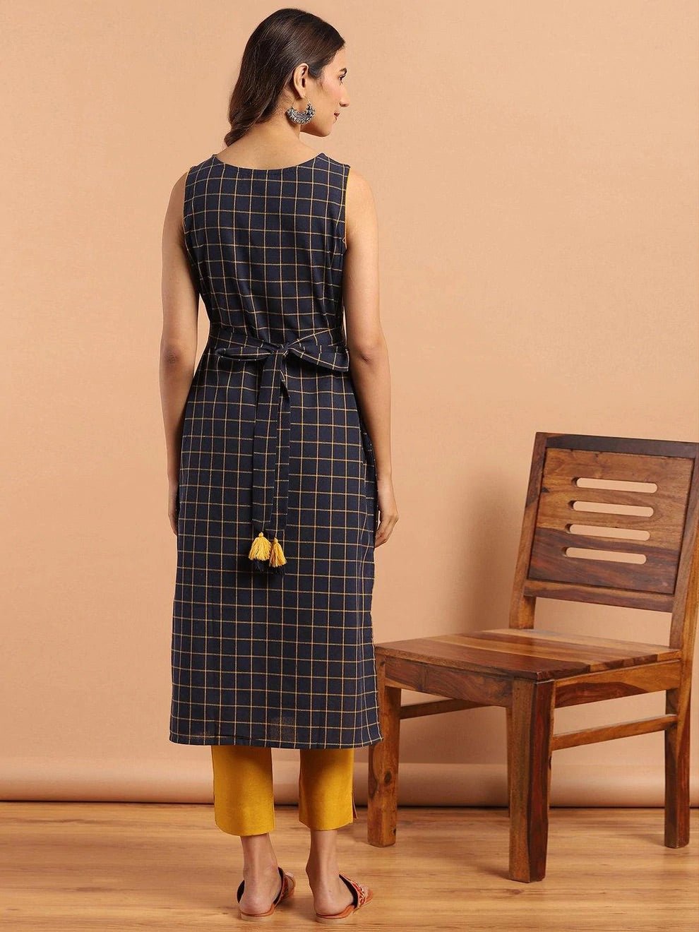 Navy Blue Checkered Embroidered Back Tie Kurta - DWEEP SARA