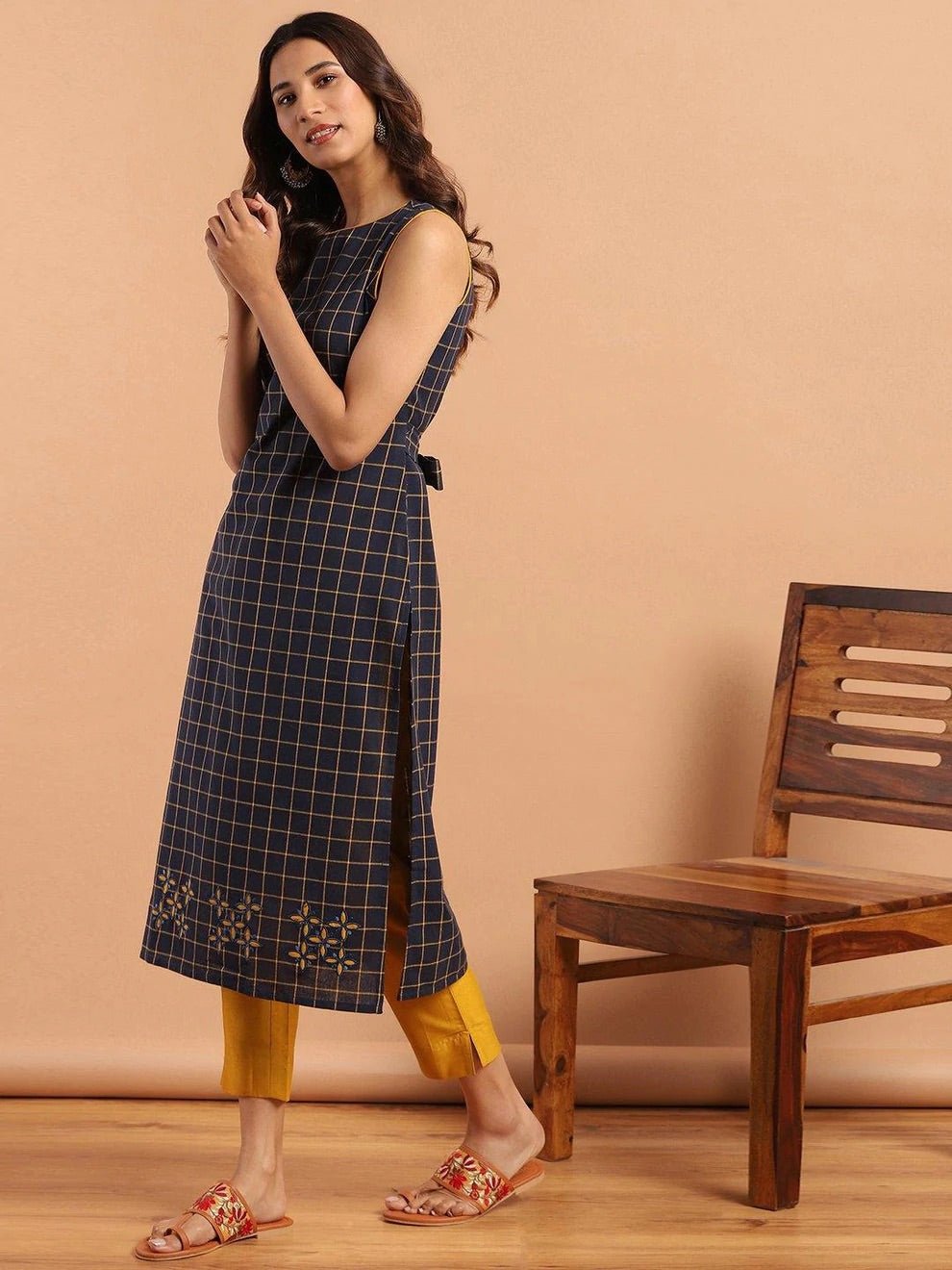 Navy Blue Checkered Embroidered Back Tie Kurta - DWEEP SARA