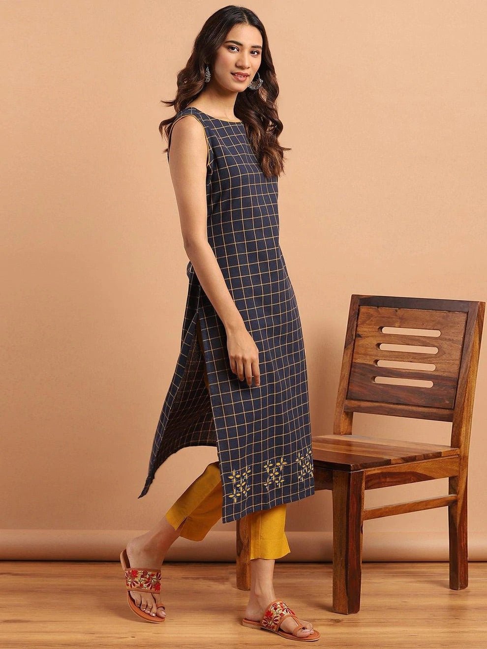 Navy Blue Checkered Embroidered Back Tie Kurta - DWEEP SARA