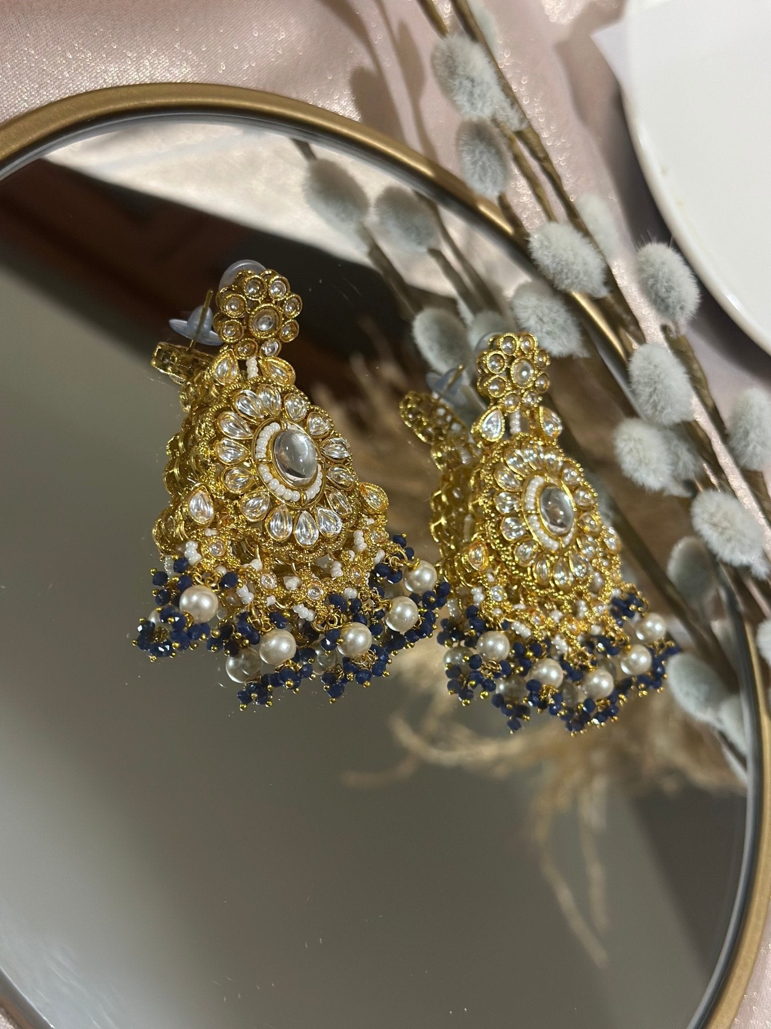 Navy Blue Kundan Pearl Earrings - DWEEP SARA