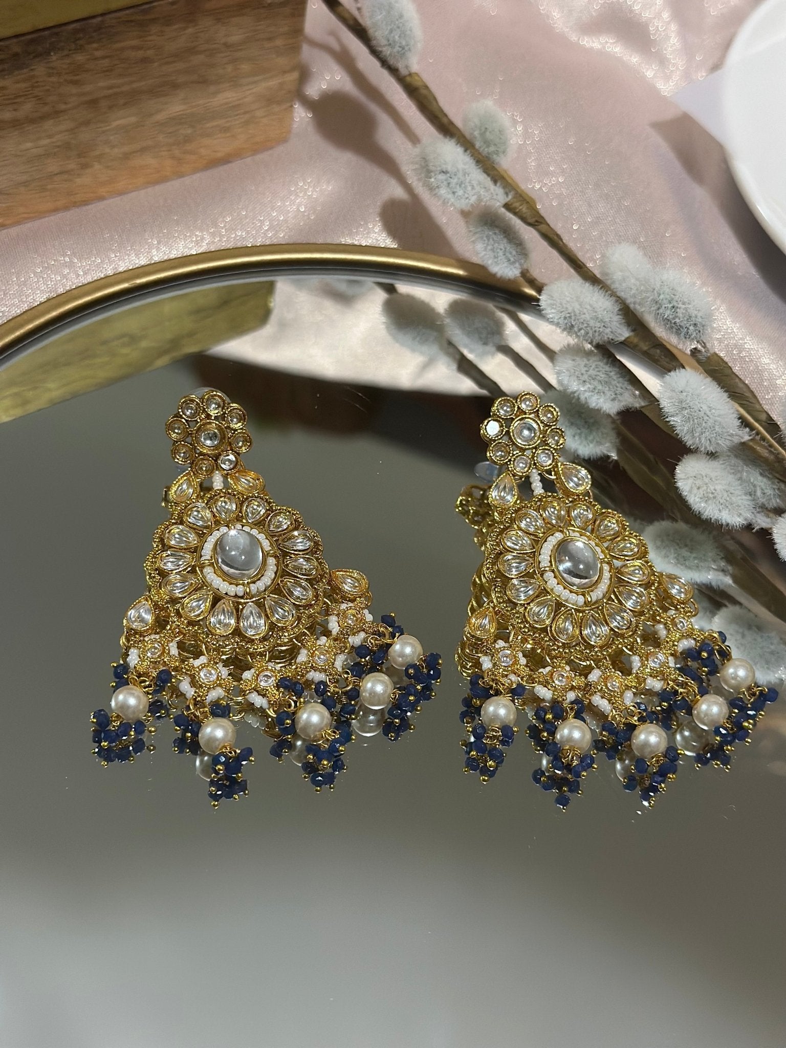 Navy Blue Traditional Kundan Pearl Earrings - DWEEP SARA