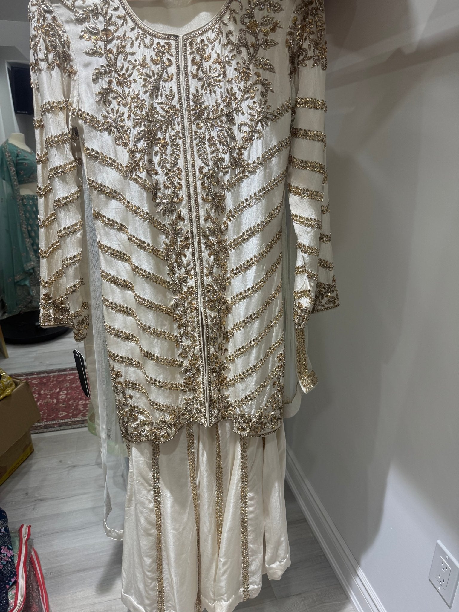 Off White Tusar Silk Geavy Embroidered Sharara Suit Set - DWEEP SARA