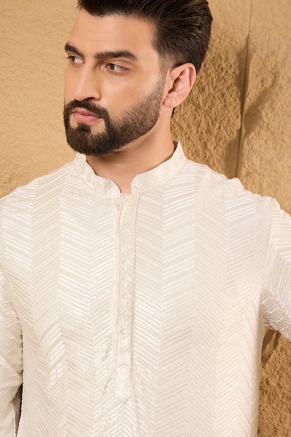 Off White Viscose Rayon Chevron Embroidered Straight Mens Kurta - DWEEP SARA