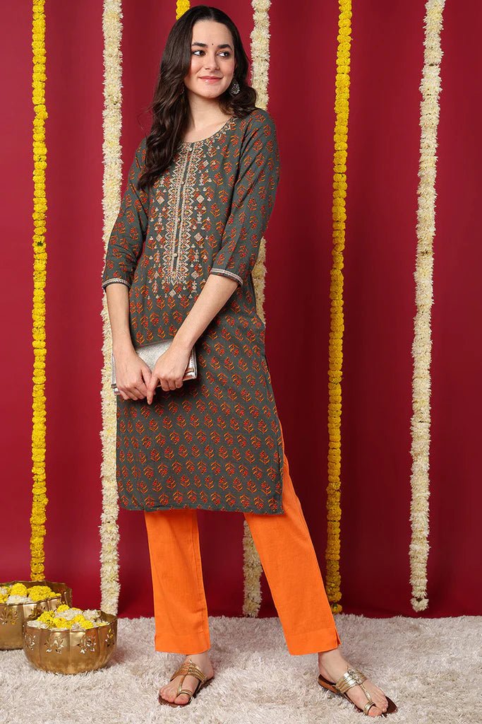 Olive Cotton Blend Floral Embroidered Straight Kurta for Women – Elegant Ethnic Wear | 3/4 Sleeves | Office & Casual Wear - DWEEP SARA