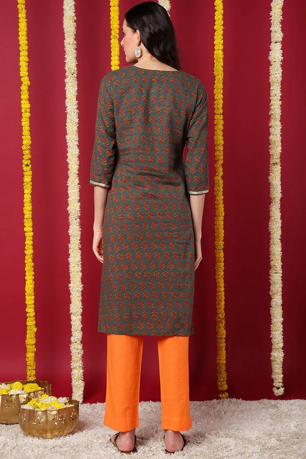 Olive Cotton Blend Floral Embroidered Straight Kurta for Women – Elegant Ethnic Wear | 3/4 Sleeves | Office & Casual Wear - DWEEP SARA