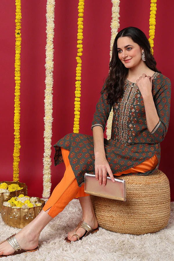 Olive Cotton Blend Floral Embroidered Straight Kurta for Women – Elegant Ethnic Wear | 3/4 Sleeves | Office & Casual Wear - DWEEP SARA