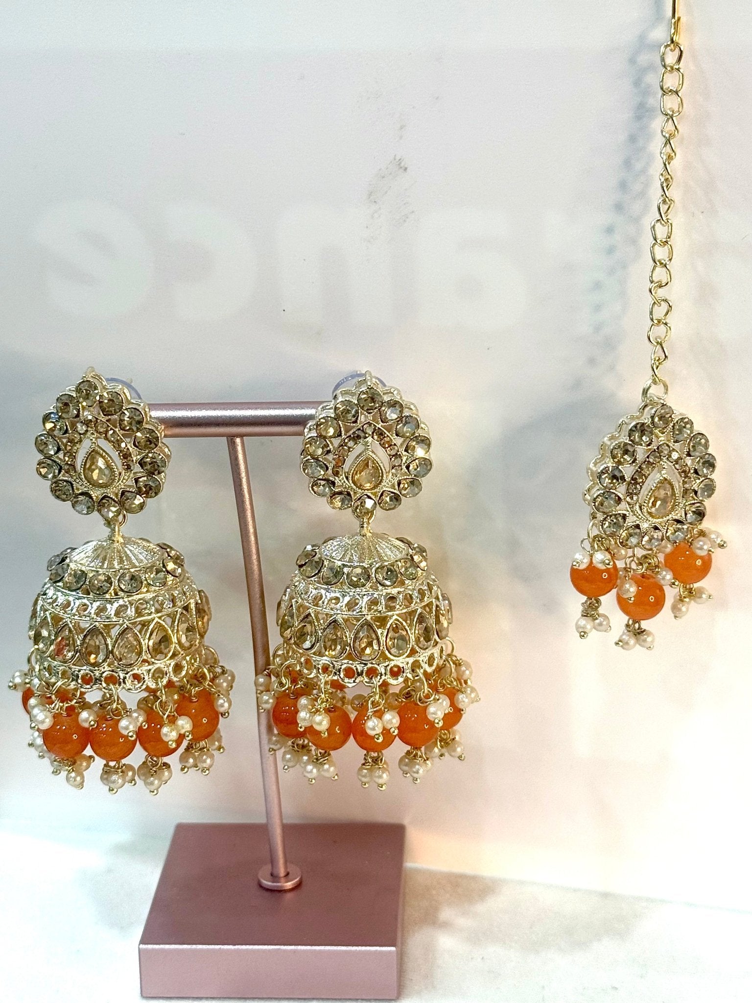 Orange Kundan Jewelry Set With Tikka - DWEEP SARA