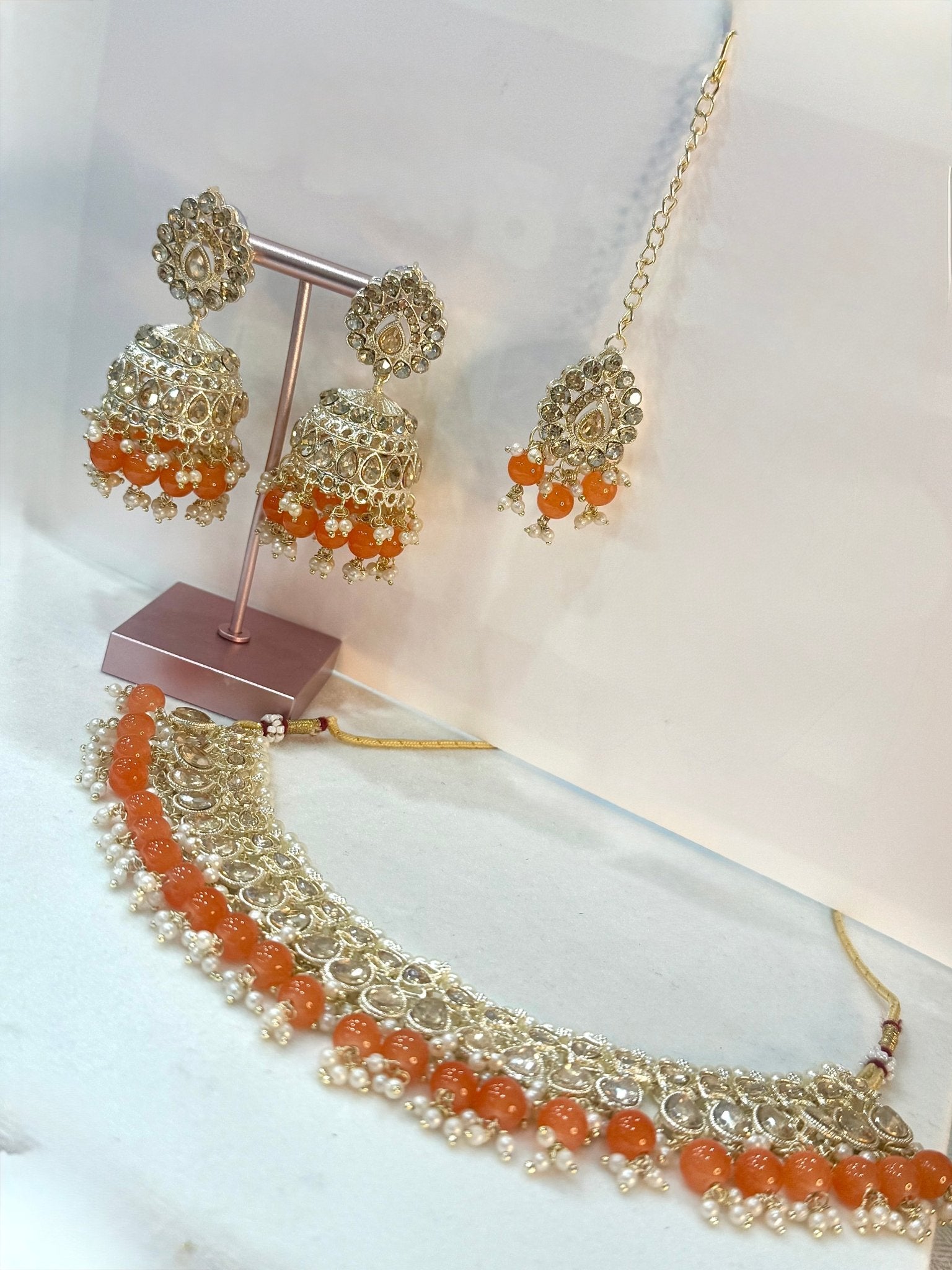 Orange Kundan Jewelry Set With Tikka - DWEEP SARA