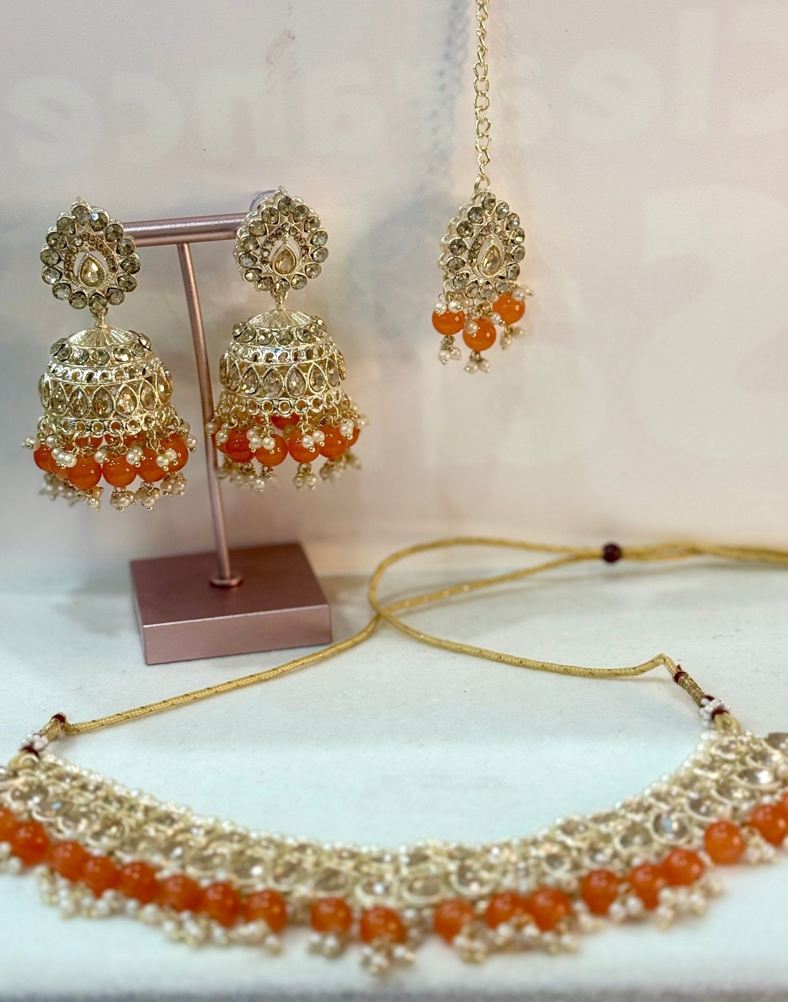 Orange Kundan Jewelry Set With Tikka - DWEEP SARA