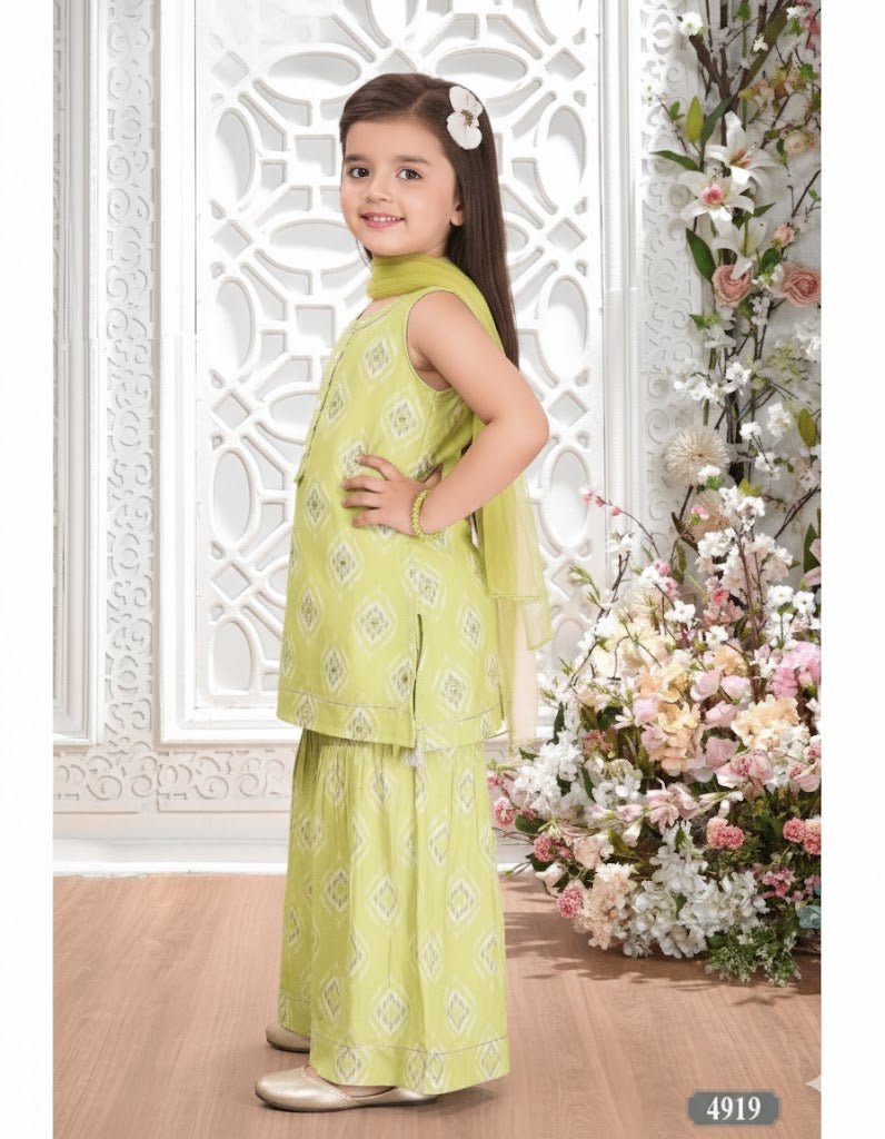 Parrot Lime Green Girls Sharara Suit Set with Exquisite Mirror & Hand Embroidery - DWEEP SARA