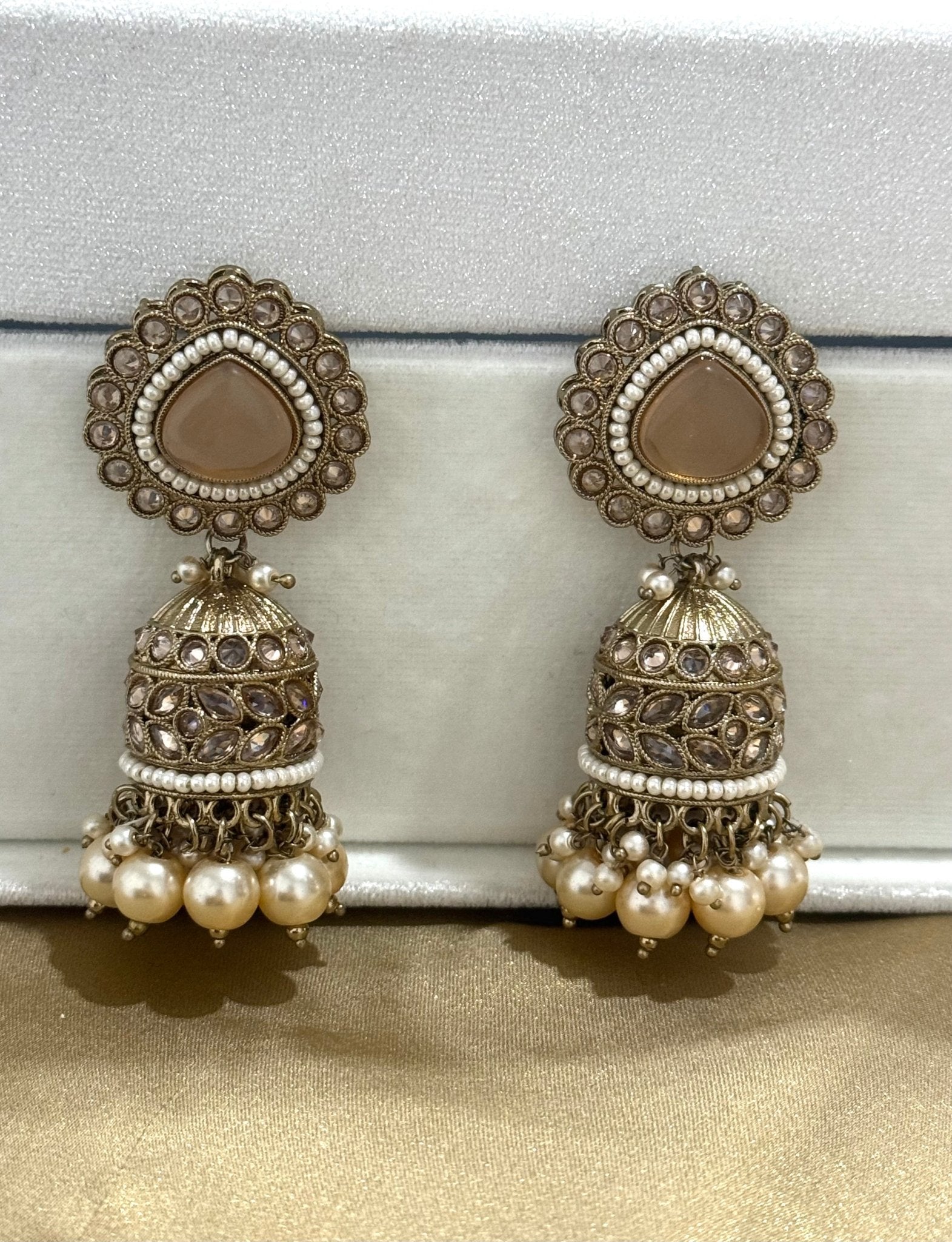 Peach Golden Stone Pearl Jhumki Earrings - DWEEP SARA
