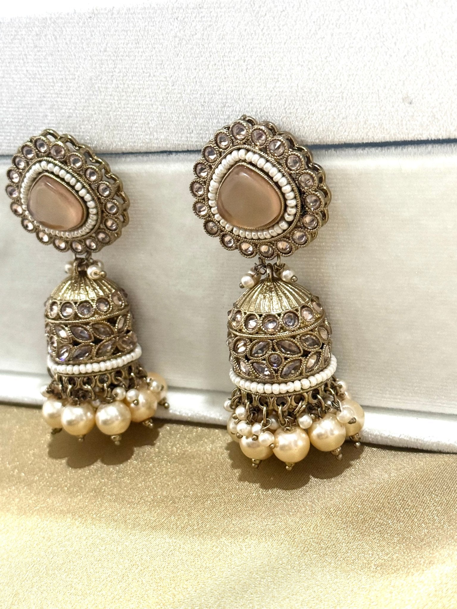 Peach Golden Stone Pearl Jhumki Earrings - DWEEP SARA