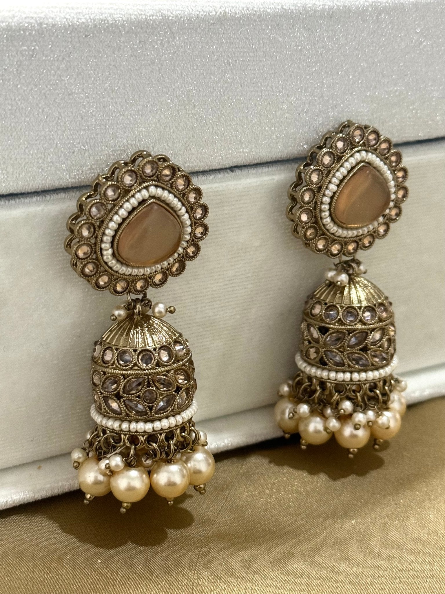 Peach Golden Stone Pearl Jhumki Earrings - DWEEP SARA