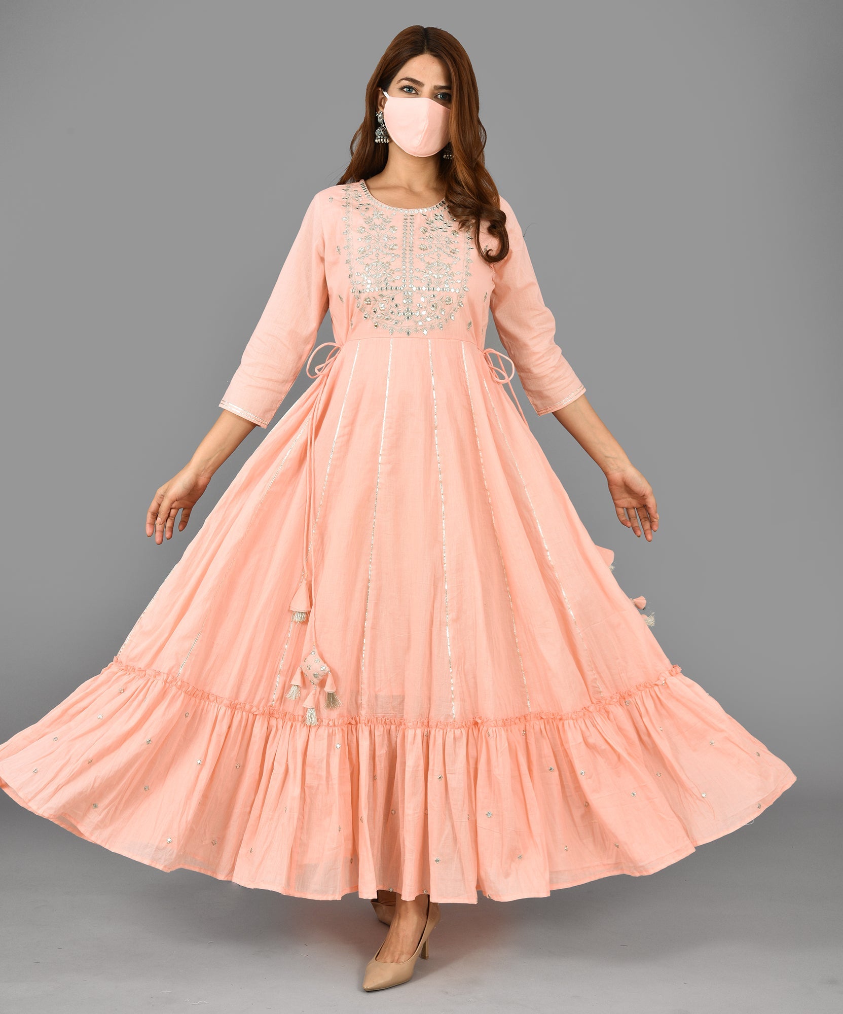 Peach Solid Print Anarkali Dress - DWEEP SARA
