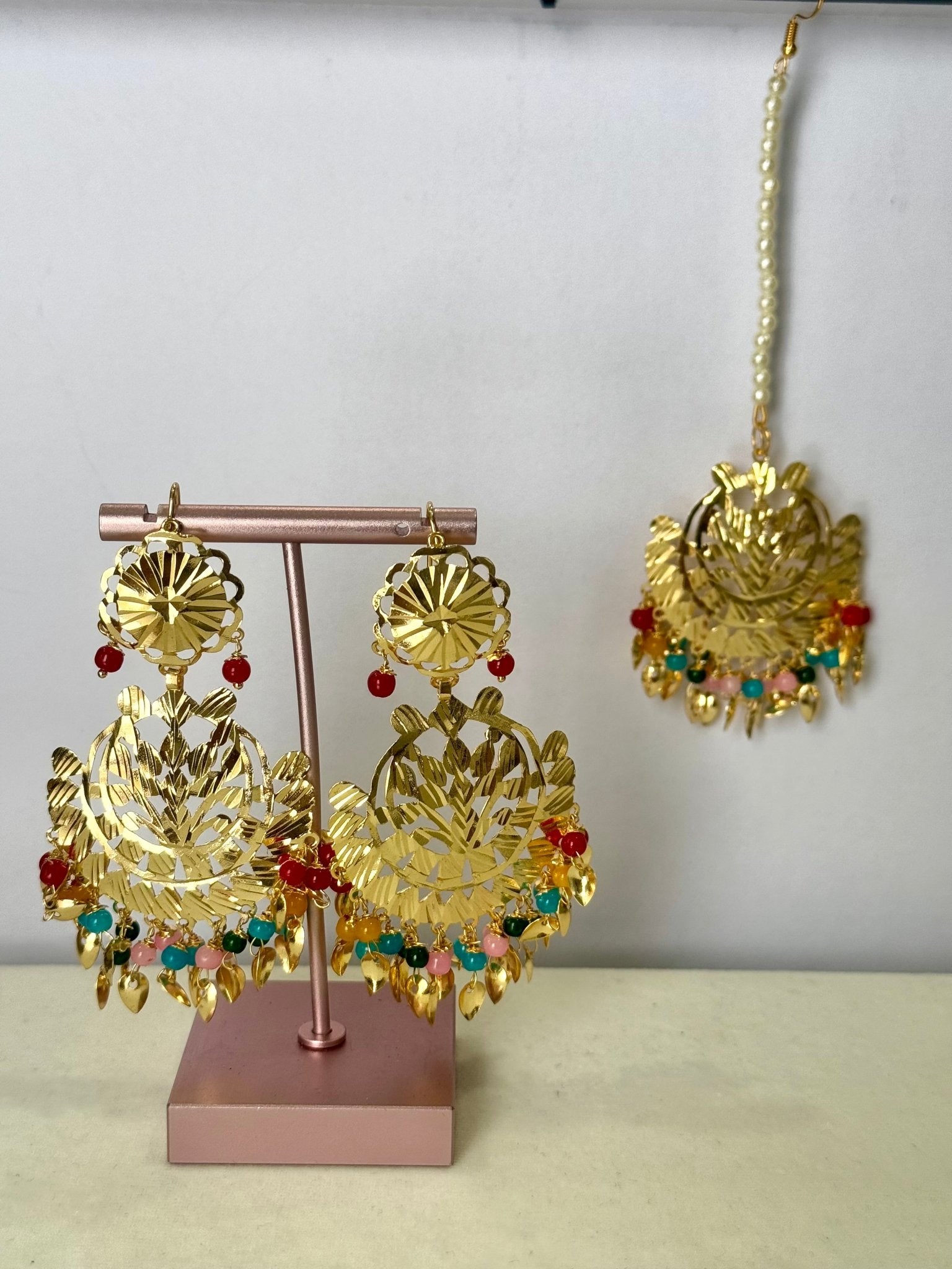 Pearl punjabi Colourful traditional jhumka x tikka gold piple patti tikka - DWEEP SARA