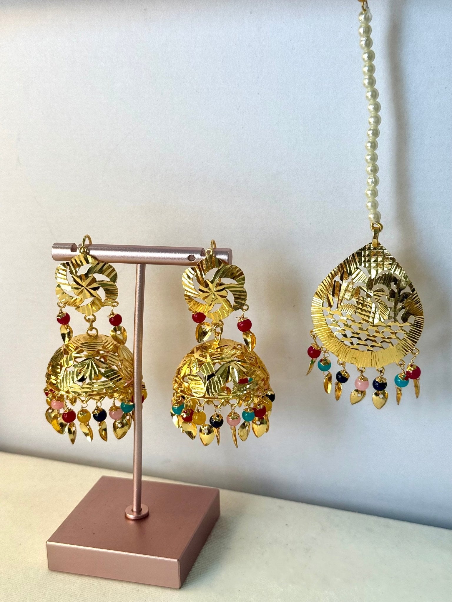 Pearl punjabi traditional Colourful jhumka and tikka gold piple patti tikka - DWEEP SARA