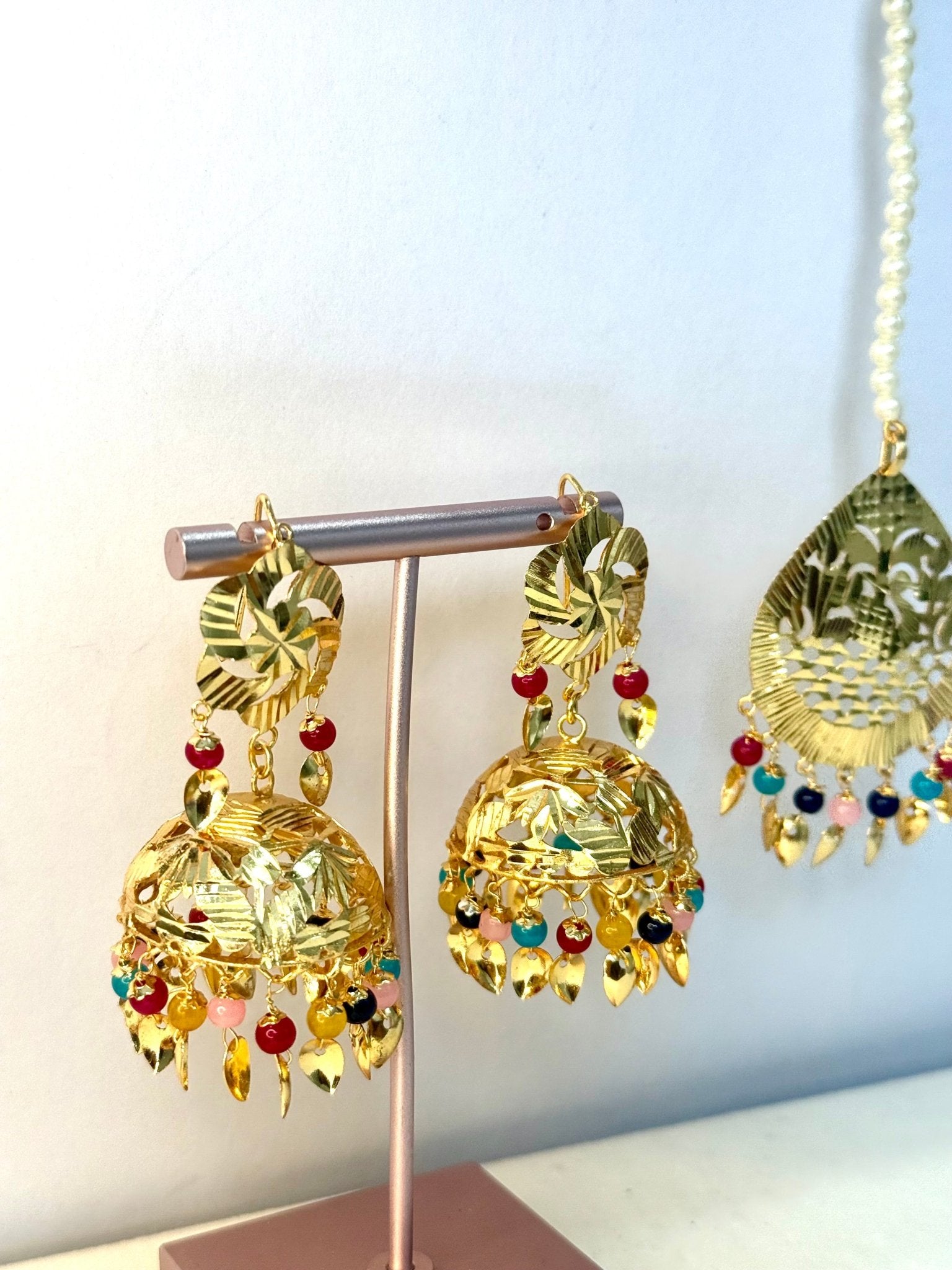 Pearl punjabi traditional Colourful jhumka and tikka gold piple patti tikka - DWEEP SARA