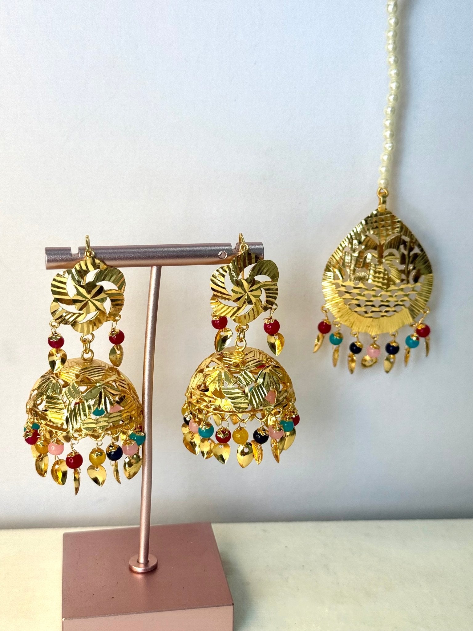 Pearl punjabi traditional Colourful jhumka and tikka gold piple patti tikka - DWEEP SARA