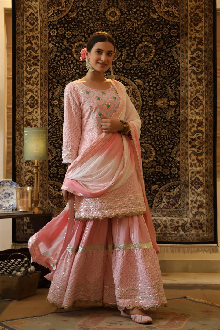 Pink Cotton Chikankari Handmade Sharara Set - DWEEP SARA