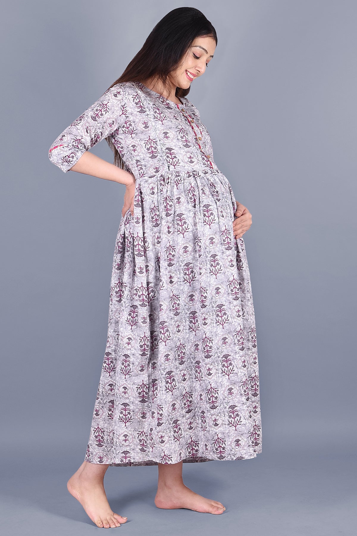 Purple And White Block Printed Maternity Dress - DWEEP SARA