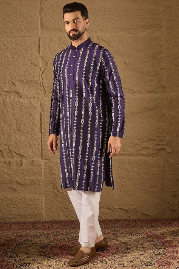 Purple Viscose Rayon Printed Straight Mens Kurta DS1280 - DWEEP SARA