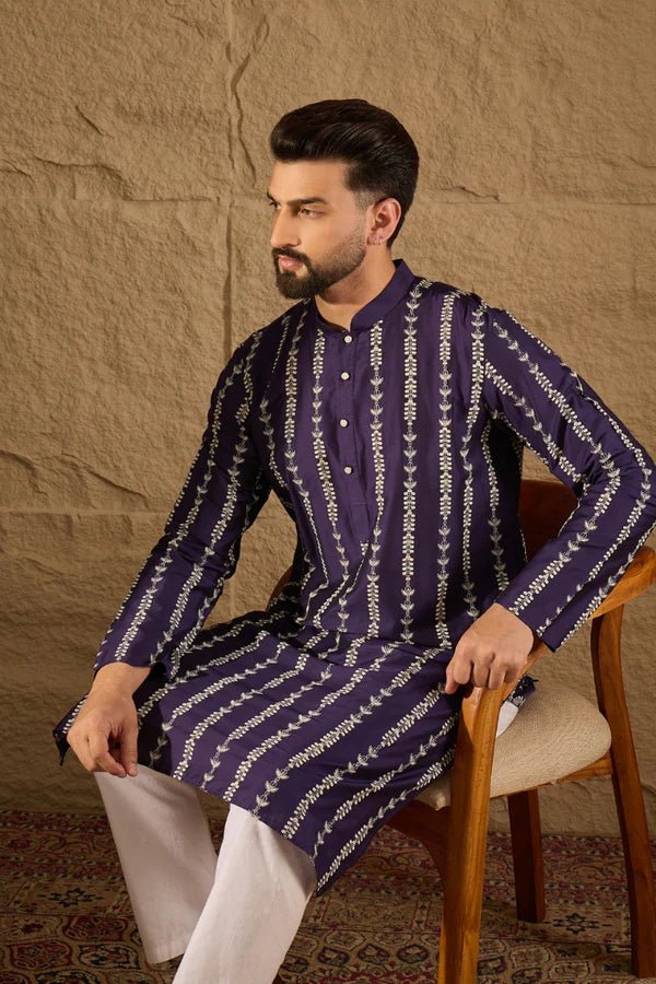 Purple Viscose Rayon Printed Straight Mens Kurta DS1280 - DWEEP SARA