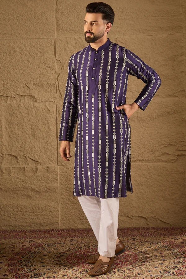 Purple Viscose Rayon Printed Straight Mens Kurta DS1280 - DWEEP SARA
