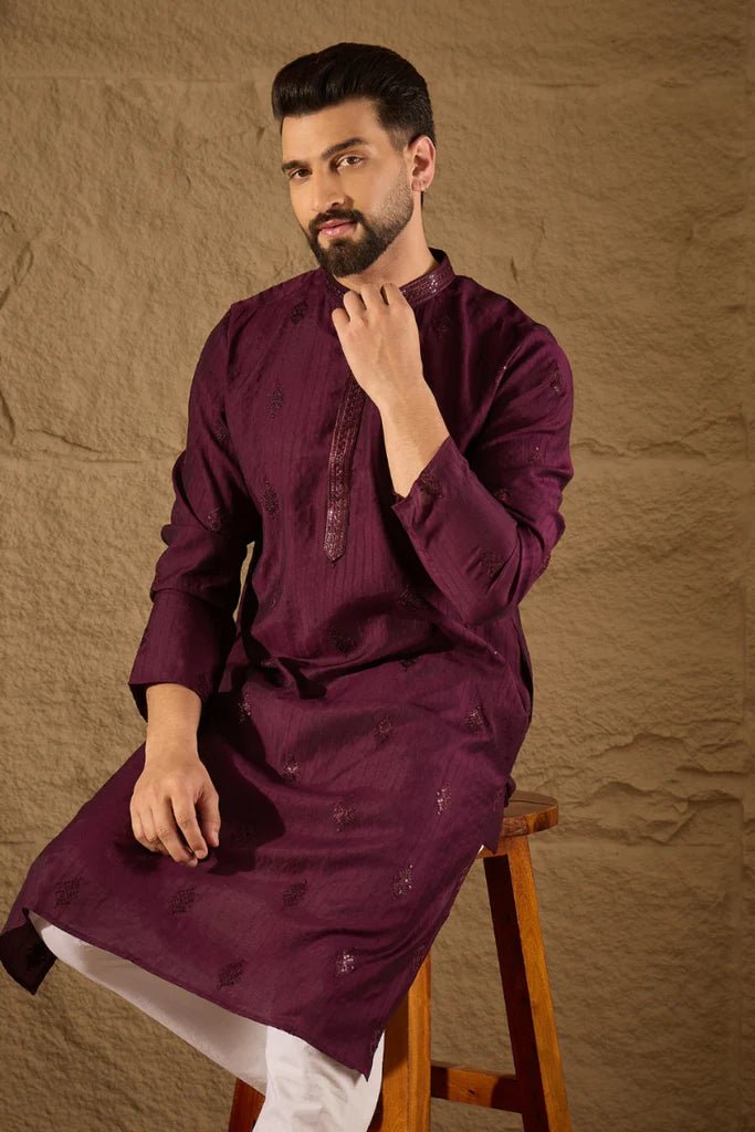 Purple Viscose Rayon Solid Embroidered Straight Mens Kurta - DWEEP SARA