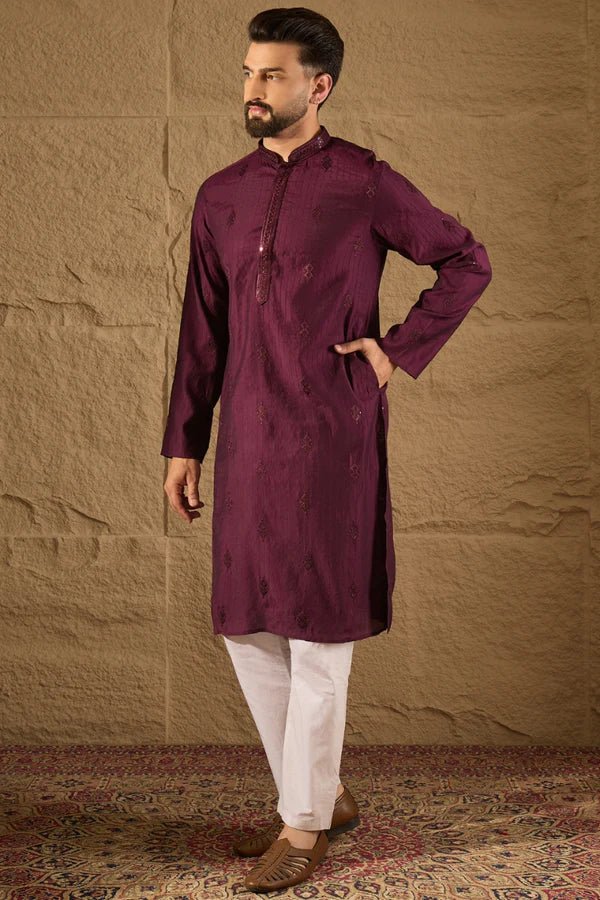 Purple Viscose Rayon Solid Embroidered Straight Mens Kurta - DWEEP SARA