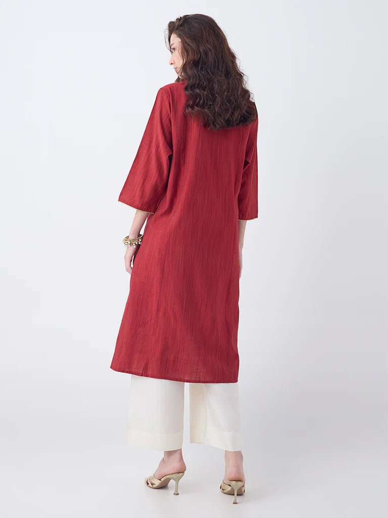 Red Zari Embroidered A - Line Kurta - DWEEP SARA