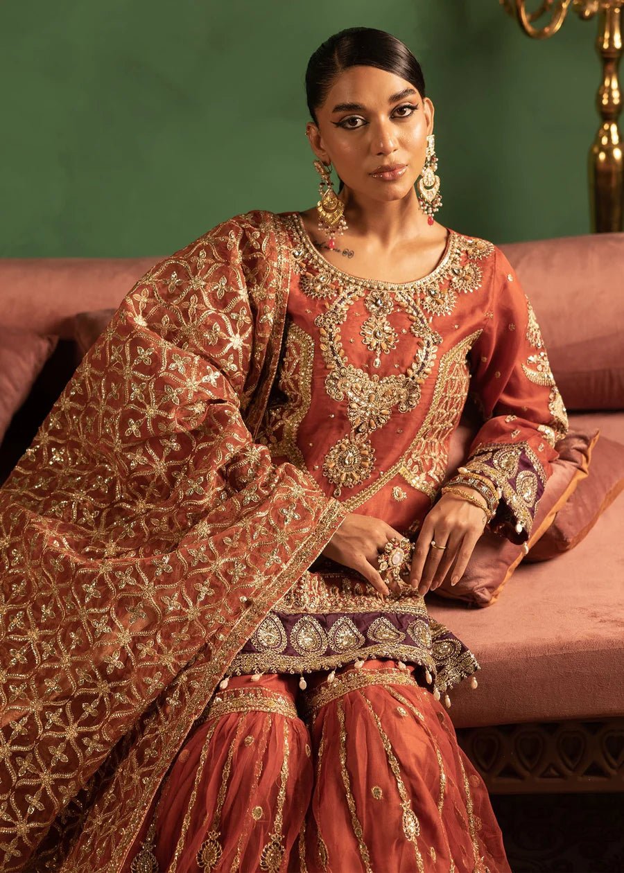 Rust Sheer organza adorned hand embellishments Gharara Set - DWEEP SARA