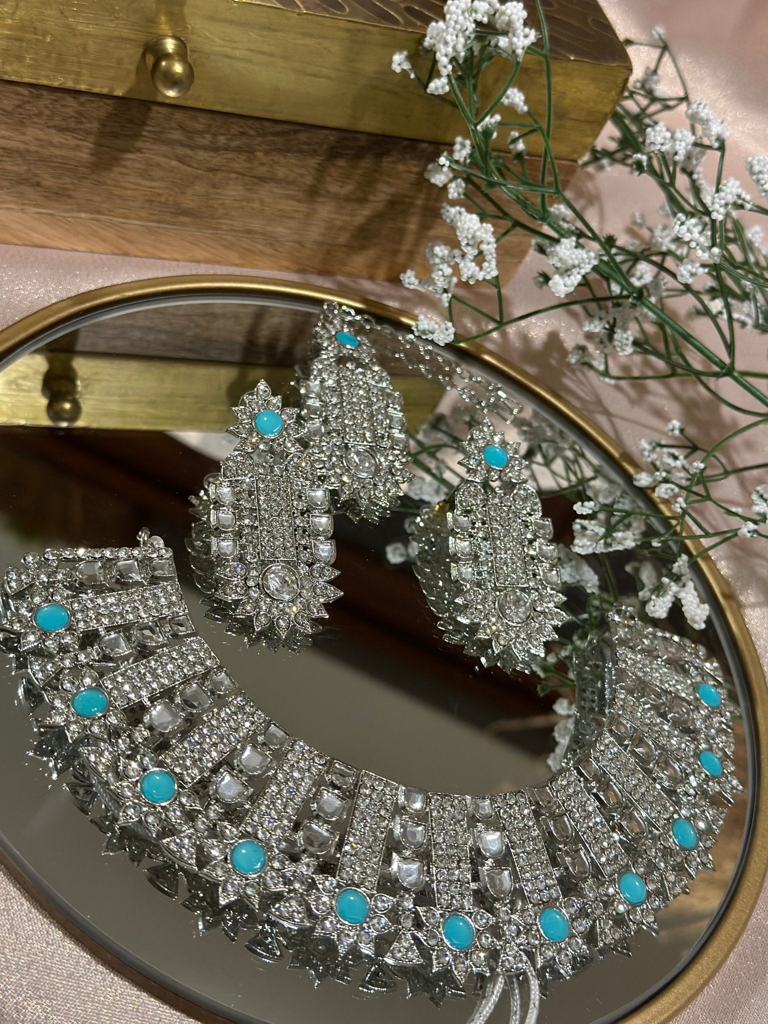 Silver Blue Necklace Set With Earrings Tikka - DWEEP SARA