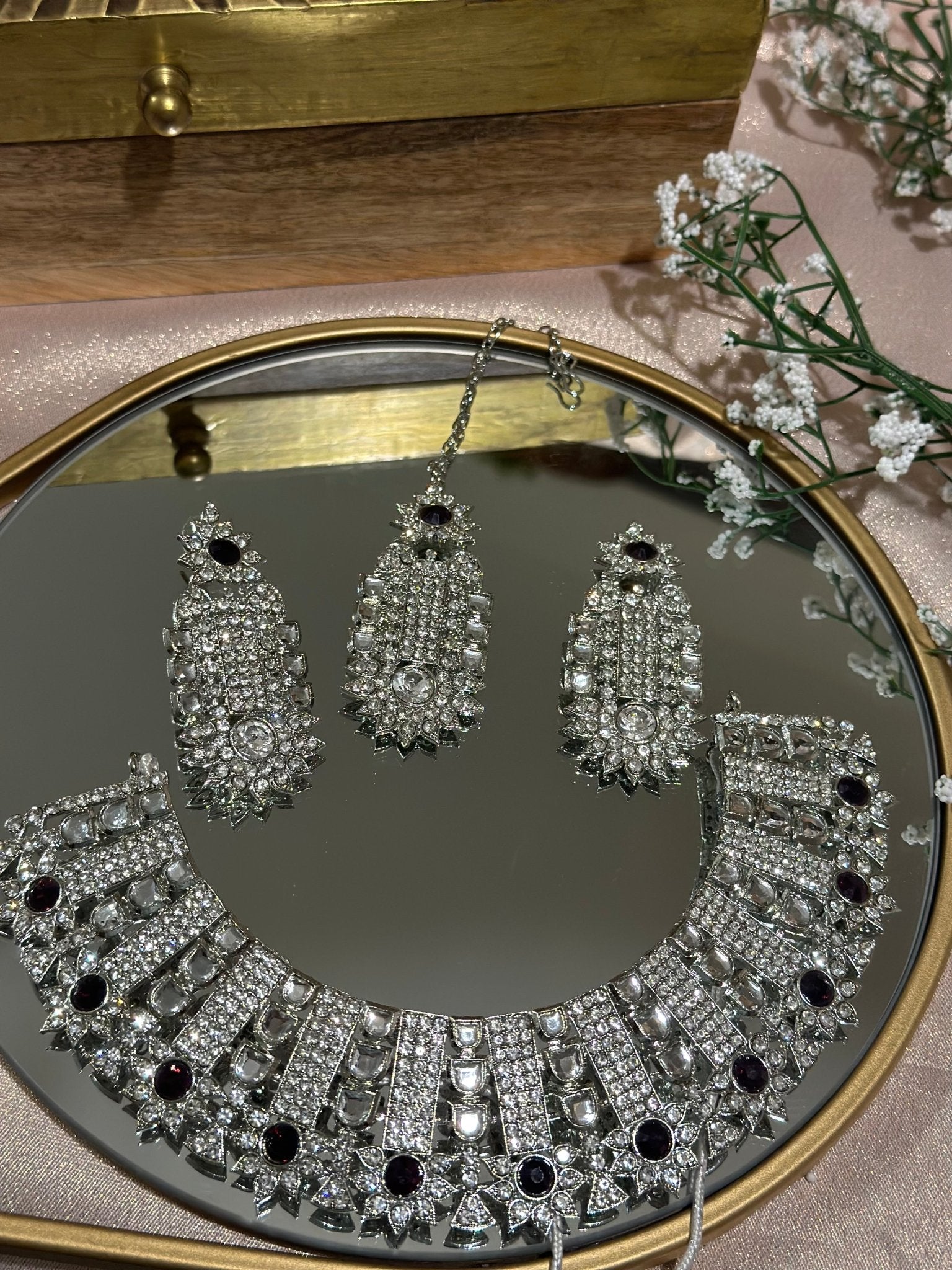 Silver Blue Necklace Set With Earrings Tikka - DWEEP SARA