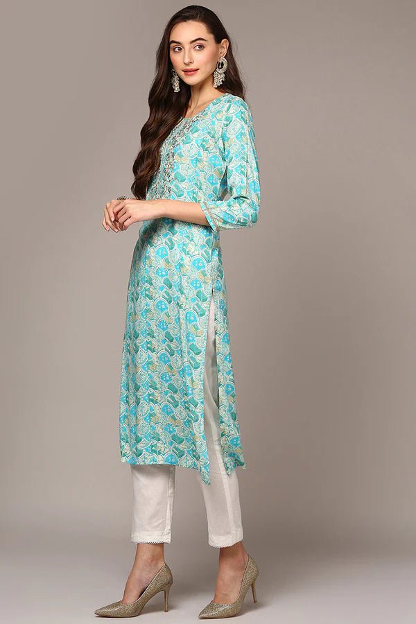 Turquoise Blue Viscose Rayon Ethnic Motifs Straight Kurta - DWEEP SARA